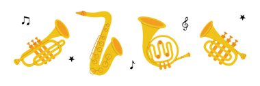Rüzgar müzik aletleri. Tuba, trompet, Fransız kornosu, saksafon. Vektör çizimi. Beyaz arkaplanda izole