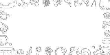 Hayvan malzemeleri yatay ana hatlı afiş. Hayvan aksesuarları, oyuncak malzemeleri. Uyuyan yastık, çiğneme oyuncağı, madalya, makas, tırnak makası, fırça, kürk çıkarıcı, akvaryum, sırt çantası taşıyıcısı, tüy dökücü eldiven