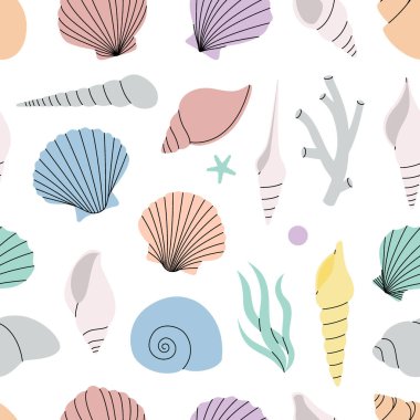Deniz kabuğu deseni. İnci kabuklu, dikişsiz pankart. Tatlı su yosunları, mercanlar, denizyıldızları, deniz yumuşakçaları, deniz tarakları, inciler. Vektör çizimi. Beyaz arkaplanda izole.