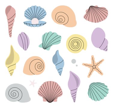 Deniz kabuklarını yüzün. Tropik su altı kabukları. Tatlı su yosunları, mercanlar, denizyıldızları, deniz yumuşakçaları, deniz tarakları, inciler. Vektör çizimi. Beyaz arkaplanda izole.