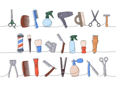 Bir dizi berber dükkanı aletleri bir çizgi renkli sürekli çizim. Makyaj fırçası, saç spreyi şişesi, saç makası, tarak, tıraş bıçağı, jilet, saç düzleştirici, parfüm spreyi, makas, kurutucu,
