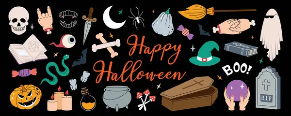 Happy Halloween Set Gruseliger Halloween Feiertag Giftflasche Zaubertopf Kristallkugel Grab — Stockvektor