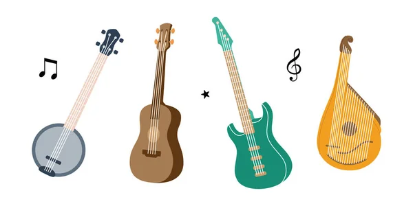 Instrumentos Musicales Cuerda Lute Violín Bandura Guitarra Acústica Bajo Eléctrico — Vector de stock
