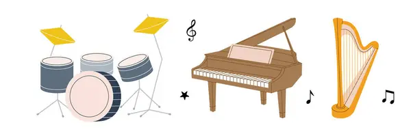 Juego Instrumentos Musicales Kit Batería Lira Arpa Madera Silueta Piano — Vector de stock