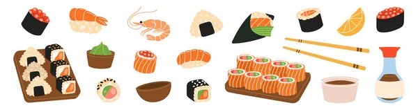 Sushi Och Rullar Klara Sushi Rullar Japansk Mat Traditionell Mat — Stock vektor