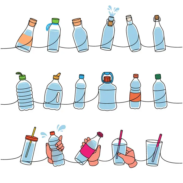 Bottles One Line Colored Continuous Drawing Different Types Bottles Continuous — Stock Vector