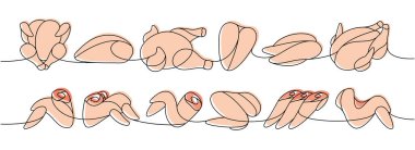 Bir sıra tavuk eti. Renkli sürekli çizim. Çiğ tavuk eti parçaları sürekli bir çizgi çizimi. Vektör minimalist doğrusal çizim. Beyaz arkaplanda izole