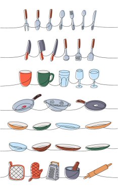 Mutfak aletleri tek çizgi renkli sürekli çizimler. Mutfak aletleri, aletler, mutfak gereçleri, çatal bıçak aralıksız tek çizgi çizimi. Beyaz arkaplanda izole