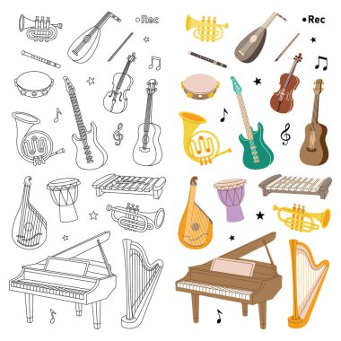 Müzik okulu tasarımı için müzik aletleri. Tuba, trompet, davul flütü, Fransız kornosu, lavta, keman, bas gitar, akustik gitar. Vektör illüstrasyonu beyaz arkaplanda izole edildi.
