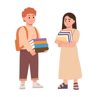 Kitaplı okul çocukları. Öğrenci aktivitesi. Eğitim, öğrenme, öğrenim süreci. Okula dönelim. İlkokul eğitimi. Vektör çizimi. Beyaz arkaplanda izole