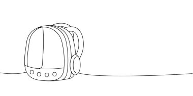 Evcil hayvan taşıyıcısı bir çizgi sürekli çiziyor. Hayvanlar için aksesuarlar, evcil hayvan oyuncakları sürekli bir çizim çizimi. Vektör minimalist doğrusal çizim. Beyaz arkaplanda izole