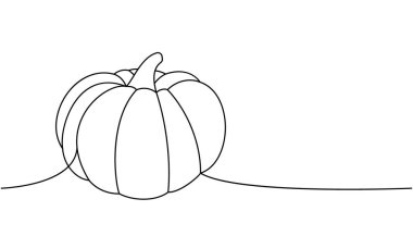 Sonbahar Cadılar Bayramı balkabağı, sebze bir çizgi aralıksız çizim. Cadılar Bayramı balkabağı tek bir çizgiden ibarettir. Vektör minimalist doğrusal çizim. Beyaz arkaplanda izole