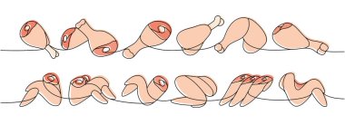 Tavuk etinin farklı kısımları. Bir çizgi sürekli çizilmiş. Çiğ tavuk eti parçaları sürekli bir çizgi çizimi. Vektör minimalist doğrusal çizim. Beyaz arkaplanda izole