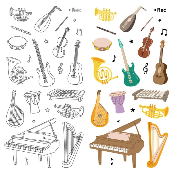 音楽学校のデザインのための楽器 トランペット ドラムフルート フランスホーン ルート バイオリン エレクトリックベースギター アコースティックギター 白い背景に隔離されたベクトルイラスト — ストックベクタ