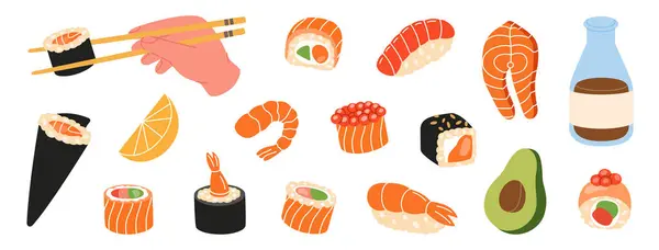Koleksi Makanan Sushi Sushi Dan Roti Gulung Siap Masakan Jepang - Stok Vektor