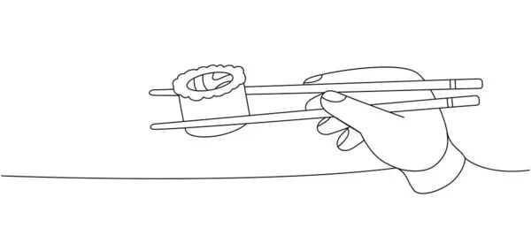 Японские Палочки Еды Суши Роллом Одну Линию Непрерывного Рисунка Японская — стоковый вектор