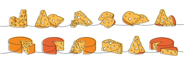 Käse Eine Linie Farbige Ununterbrochene Zeichnung Verschiedene Käsesorten Durchlaufen Eine — Stockvektor