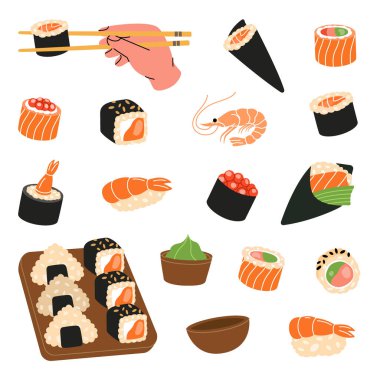 Suşi ruloları. Japon mutfağı, geleneksel yiyecekler. Ikura sushi, tobiko maki, philadelphia roll, onigiri, karides nigiri, tekkamaki tuna roll, futomaki, sake temaki, soya kasesi, vasabi.