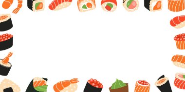 Deniz ürünleri suşisi yatay afişte yuvarlanıyor. Japon mutfağı, geleneksel yiyecekler. Ikura sushi, tobiko maki, philadelphia roll, onigiri, nigiri karidesi, tekkamaki tuna roll, futomaki, sake temaki