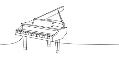 Büyük piyano bir satır sürekli çizim. Müzik enstrümanları sürekli tek bir çizgi çiziyor. Vektör minimalist doğrusal çizim. Beyaz arkaplanda izole