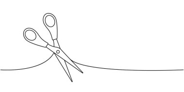 Makas, okul sürekli bir çizgi çiziyor. Okula geri dön. Sürekli bir çizim yap. Vektör minimalist doğrusal çizim. Beyaz arkaplanda izole