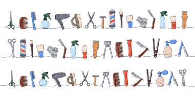 Bir dizi kuaför aletleri bir çizgi renkli sürekli çizim. Saç makası, tarak, jilet, saç düzleştirici, parfüm spreyi, makas, saç kurutma makinesi, tıraş bıçağı, berber dükkanı direği, fırça makinesi.