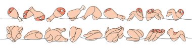 Taze tavuk parçaları bir çizgi renkli sürekli çizim. Çiğ tavuk eti parçaları sürekli bir çizgi çizimi. Vektör minimalist doğrusal çizim. Beyaz arkaplanda izole