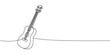Akustik gitar, telli enstrüman bir satır sürekli çizim. Müzik enstrümanları sürekli tek bir çizgi çiziyor. Vektör minimalist doğrusal çizim. Beyaz arkaplanda izole
