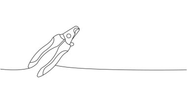 Evcil hayvan tırnak makası, makas bir çizgi sürekli çizim. Hayvanlar için aksesuarlar, evcil hayvan oyuncakları sürekli bir çizim çizimi. Vektör minimalist illüstrasyon. Beyaz arkaplanda izole