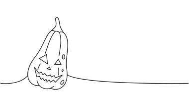 Cadılar Bayramı balkabağı surat, sonbahar sebzesi bir çizgi aralıksız çizim. Cadılar Bayramı balkabağı suratı tek bir çizgiden ibarettir. Vektör minimalist doğrusal çizim. Beyaz arkaplanda izole