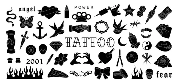Conjunto Tatuagem Várias Tatuagens Velha Escola Engolir Rosa Coração Faca Ilustração De Stock