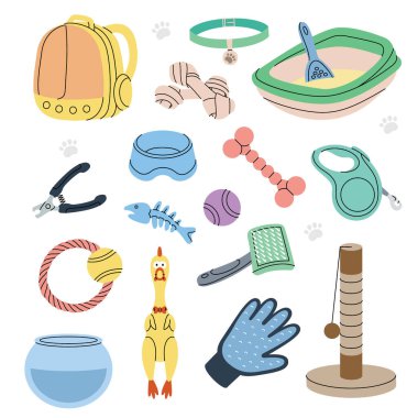 Hayvan malzemeleri. Evcil hayvan taşıyıcısı, lastik tavuk, toplar, balık kemiği iskeleti, çiğneme oyuncakları, kaseler, kedi kumluğu, mezura tasması. Hayvan aksesuarları, oyuncak malzemeleri. Beyaz arkaplanda izole.