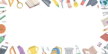 Okul malzemeleri yatay pankartta. Okula dönelim. Üçgen cetvel, kupa, diploma, not defteri, mikroskop, test tüpü, kalem, ataç, silgi, okul çantası, dünya, makas, cetvel ölçeği, hesap makinesi.