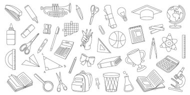 Okul aksesuarları seti. Okula dönelim. Mezuniyet şapkası, kupa, diploma, not defteri, mikroskop, test tüpü, kalem, ataç, silgi, okul çantası, dünya, makas, cetvel ölçeği, hesap makinesi.