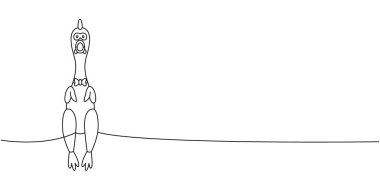 Lastik tavuk oyuncağı, evcil hayvan oyuncağı bir çizgi sürekli çizim. Hayvanlar için aksesuarlar, evcil hayvan oyuncakları sürekli bir çizim çizimi. Vektör minimalist doğrusal çizim. Beyaz arkaplanda izole
