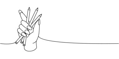 Kalemle el, okul malzemeleri bir satır aralıksız resim. Okula geri dön. Sürekli bir çizim yap. Vektör minimalist doğrusal çizim. Beyaz arkaplanda izole
