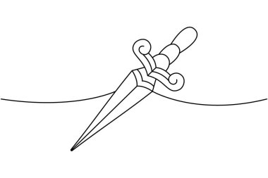 Bıçak, kılıç bir çizgi aralıksız. Eski moda dövme sürekli bir çizim çizimi. Vektör minimalist doğrusal çizim. Beyaz arkaplanda izole