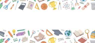 Okul aksesuarları afişi. Okul malzemeleri. Mezuniyet şapkası, basketbol topu, kupa, diploma, not defteri, mikroskop, kalem, ataç, silgi, okul çantası, dünya, makas, cetvel ölçeği, hesap makinesi.