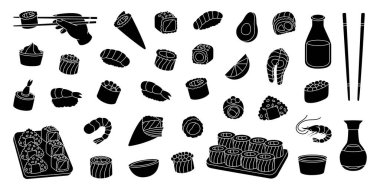 Deniz ürünleri suşi ruloları. Japon mutfağı, geleneksel yiyecekler. Ikura sushi, tobiko maki, philadelphia roll, onigiri, karides nigiri, tekkamaki tuna roll, futomaki, sake temaki, soya kasesi, vasabi.