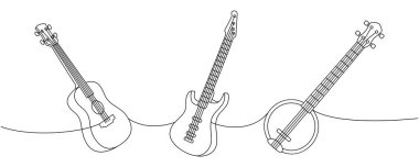 String müzik aletleri bir satır sürekli çizim. Akustik gitar, elektro bas gitar, Amerikan bançosu sürekli tek bir çizgi çizimi. Vektör doğrusal çizim. Beyaz arkaplanda izole
