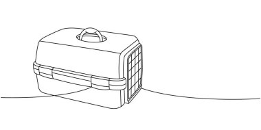 Çanta, kafes, evcil hayvan kutusu. Bir çizgi sürekli çizim. Hayvanlar için aksesuarlar, evcil hayvan oyuncakları sürekli bir çizim çizimi. Vektör minimalist doğrusal çizim. Beyaz arkaplanda izole
