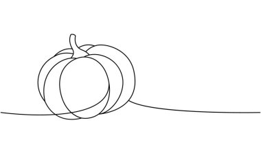 Balkabağım, sonbahar sebzesi bir çizgi sürekli çizim. Cadılar Bayramı balkabağı tek bir çizgiden ibarettir. Vektör minimalist doğrusal çizim. Beyaz arkaplanda izole