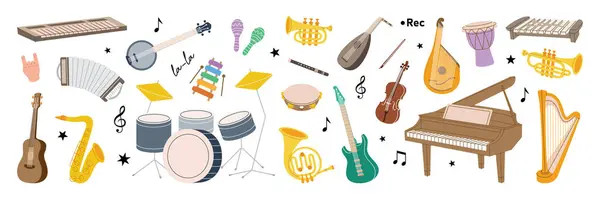 stock vector Musical instruments kit. Musical school set. Tuba, trumpet, drum flute, french horn, lute, violin, electric bass guitar, acoustic guitar. Vector illustration. Isolated on white background