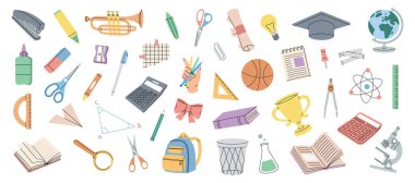 Okul malzemeleri. Okula dönelim. Mezuniyet şapkası, basketbol topu, üçgen cetvel, mikroskop, test tüpü, kalem, ataç, okul çantası, küre, makas, cetvel ölçeği, hesap makinesi. Vektör illüstrasyonu
