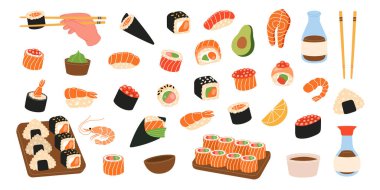 Deniz ürünleri suşi ruloları. Japon mutfağı, geleneksel yiyecekler. Ikura sushi, tobiko maki, philadelphia roll, onigiri, karides nigiri, tekkamaki tuna roll, futomaki, sake temaki, soya kasesi, vasabi.
