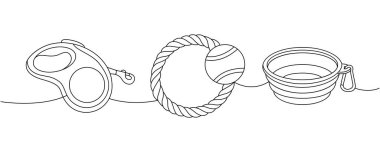 Evcil hayvan malzemeleri seti sürekli çizim halinde. Teyp tasması, geri çekilebilir tasma, köpek çiğneme oyuncağı, taşınabilir su kabı sürekli bir çizim. Beyaz arkaplanda izole