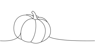 Balkabağım, sonbahar sebzesi bir çizgi sürekli çizim. Cadılar Bayramı balkabağı tek bir çizgiden ibarettir. Vektör minimalist doğrusal çizim. Beyaz arkaplanda izole