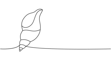 Deniz kabuğu. Devamlı çizim. Tropikal su altı kabuğu sürekli bir çizgi çizimi. Vektör minimalist doğrusal çizim. Beyaz arkaplanda izole