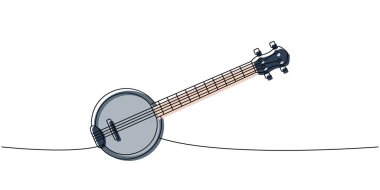 Amerikan bançosu, telli gitar tek çizgi renkli sürekli çizim. Müzik enstrümanları sürekli tek bir çizgi çiziyor. Vektör minimalist doğrusal çizim. Beyaz arkaplanda izole