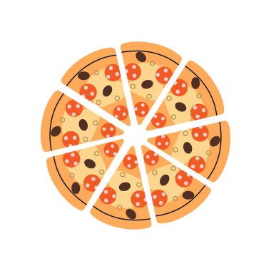 Malzemeli tam pizza. Geleneksel İtalyan fast food. Vektör çizimi. Beyaz arkaplanda izole.